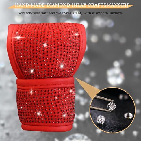 غطاء مقبض ناقل الحركة من Bling Car Gear، واقي عصا ناقل الحركة من الجلد بأحجار الراين الكريستالية، إكسسوارات تزيين الماس اللامعة للسيارات للنساء والفتيات، مقاس عالمي (أحمر) in Kuwait