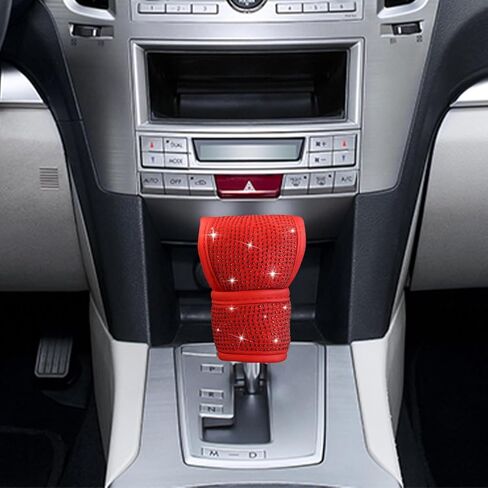 غطاء مقبض ناقل الحركة من Bling Car Gear، واقي عصا ناقل الحركة من الجلد بأحجار الراين الكريستالية، إكسسوارات تزيين الماس اللامعة للسيارات للنساء والفتيات، مقاس عالمي (أحمر) in Kuwait