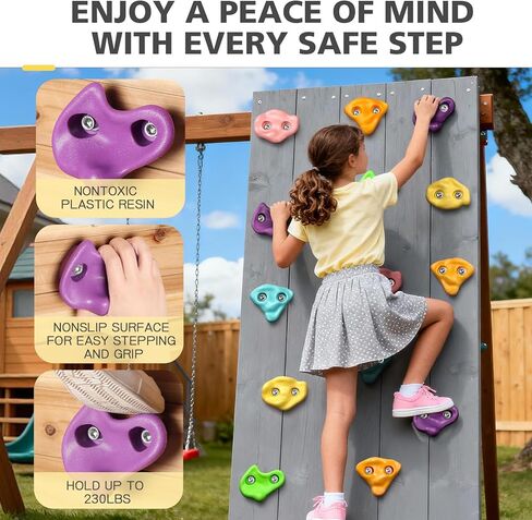 TOPNEW 20 PCS Rock Climbing Holds for Kids, Rock Wall Holds with 6.56 Ft Climbing Rope and 2 Handles, Rock Wall Climbing Kit for Indoor and Outdoor Playset - Includes Mounting Hardware in Kuwait