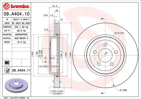 Brembo 09.A404.11 UV Coated vented Front Brake Rotor CHRYSLER/CHRYSLER (BBDC)/DODGE/LANCIA OE# K04779197AF in Saudi Arabia