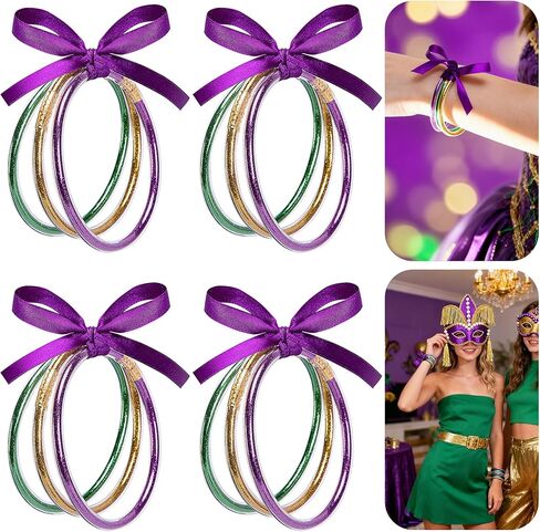 RunNico 12/60 Pcs Mardi Gras Jelly Bangles, Mardi Gras Glitter Bracelets with Bowknot, Purple Green Gold Jelly Bangles for Festival Parade Party Favors Costume Accessories in Saudi Arabia