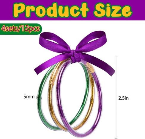RunNico 12/60 Pcs Mardi Gras Jelly Bangles, Mardi Gras Glitter Bracelets with Bowknot, Purple Green Gold Jelly Bangles for Festival Parade Party Favors Costume Accessories in Saudi Arabia
