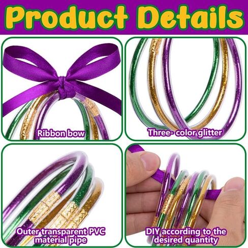 RunNico 12/60 Pcs Mardi Gras Jelly Bangles, Mardi Gras Glitter Bracelets with Bowknot, Purple Green Gold Jelly Bangles for Festival Parade Party Favors Costume Accessories in Saudi Arabia