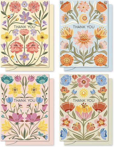 S&O Dust & Bloom Thank You Cards with Envelopes - Blank Greeting Card for Handwritten Messages - 4x5.5" Thank You Notes Set of 24 - Assorted Thank You Cards with Color Envelopes to Mix & Match in Saudi Arabia