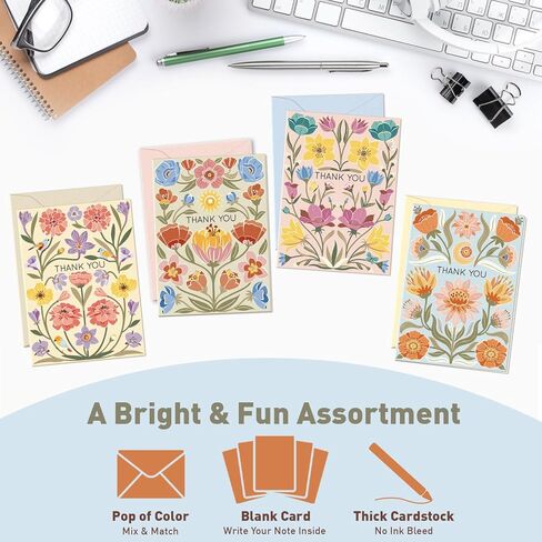 S&O Dust & Bloom Thank You Cards with Envelopes - Blank Greeting Card for Handwritten Messages - 4x5.5" Thank You Notes Set of 24 - Assorted Thank You Cards with Color Envelopes to Mix & Match in Saudi Arabia