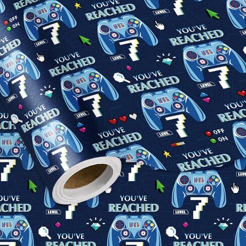LeZakaa 8th Birthday Wrapping Paper Roll for Kids Boys, Level 8 Game Controller & Pixel Icons Blue Age8 Birthday Gift Wrap, Gamer Party Decorations, Mini Roll 17 in x 16.4 Ft in Saudi Arabia