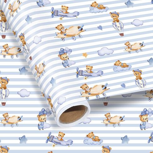 Pineraap Bear Baby Shower Wrapping Paper Roll, 17 Inch x 16.4 Feet - Blue Teddy Bear, Hot Air Balloon, Airplane Design - Watercolor Gift Wrap for Boys Birthday, Gender Reveal in Kuwait