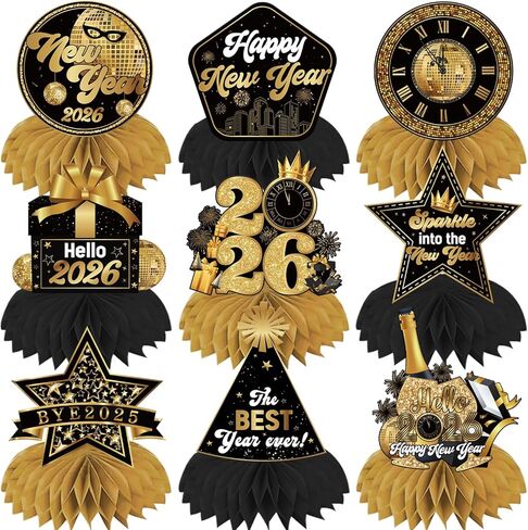 ديكورات سنة جديدة سعيدة 2026 قطع مركزية على شكل قرص العسل 9 قطع مزدوجة الجوانب باللونين الأسود والذهبي ديكورات طاولة للسنوات الجديدة ثلاثية الأبعاد Hello 2026 NYE لتزيين الطاولة لمستلزمات حفلات رأس السنة الجديدة in Kuwait