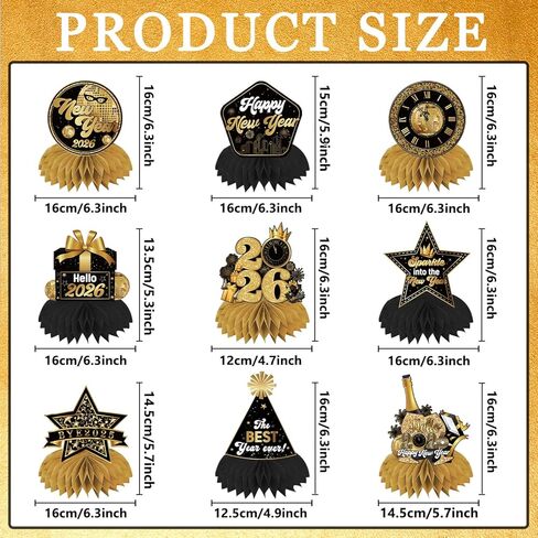 ديكورات سنة جديدة سعيدة 2026 قطع مركزية على شكل قرص العسل 9 قطع مزدوجة الجوانب باللونين الأسود والذهبي ديكورات طاولة للسنوات الجديدة ثلاثية الأبعاد Hello 2026 NYE لتزيين الطاولة لمستلزمات حفلات رأس السنة الجديدة in Kuwait