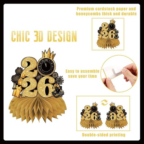 ديكورات سنة جديدة سعيدة 2026 قطع مركزية على شكل قرص العسل 9 قطع مزدوجة الجوانب باللونين الأسود والذهبي ديكورات طاولة للسنوات الجديدة ثلاثية الأبعاد Hello 2026 NYE لتزيين الطاولة لمستلزمات حفلات رأس السنة الجديدة in Kuwait