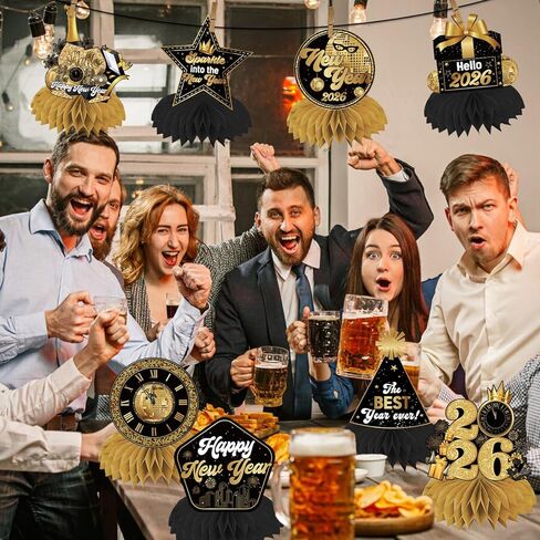 ديكورات سنة جديدة سعيدة 2026 قطع مركزية على شكل قرص العسل 9 قطع مزدوجة الجوانب باللونين الأسود والذهبي ديكورات طاولة للسنوات الجديدة ثلاثية الأبعاد Hello 2026 NYE لتزيين الطاولة لمستلزمات حفلات رأس السنة الجديدة in Kuwait