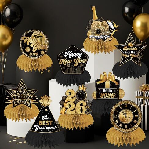 ديكورات سنة جديدة سعيدة 2026 قطع مركزية على شكل قرص العسل 9 قطع مزدوجة الجوانب باللونين الأسود والذهبي ديكورات طاولة للسنوات الجديدة ثلاثية الأبعاد Hello 2026 NYE لتزيين الطاولة لمستلزمات حفلات رأس السنة الجديدة in Kuwait