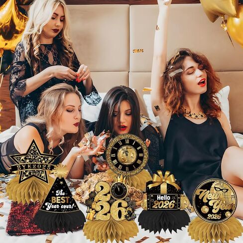 ديكورات سنة جديدة سعيدة 2026 قطع مركزية على شكل قرص العسل 9 قطع مزدوجة الجوانب باللونين الأسود والذهبي ديكورات طاولة للسنوات الجديدة ثلاثية الأبعاد Hello 2026 NYE لتزيين الطاولة لمستلزمات حفلات رأس السنة الجديدة in Kuwait