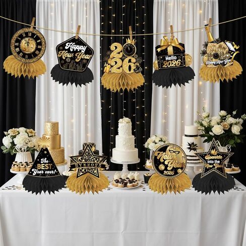 ديكورات سنة جديدة سعيدة 2026 قطع مركزية على شكل قرص العسل 9 قطع مزدوجة الجوانب باللونين الأسود والذهبي ديكورات طاولة للسنوات الجديدة ثلاثية الأبعاد Hello 2026 NYE لتزيين الطاولة لمستلزمات حفلات رأس السنة الجديدة in Kuwait