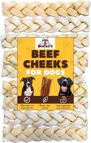 Woofley's 6" Buffalo Beef Cheek Braids Regular - (12 Count)- Beef Cheek Dog Chews - No Hide Bones for Dogs in Kuwait