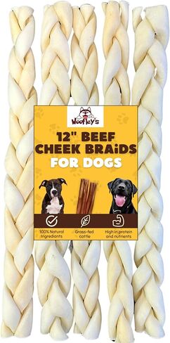 Woofley's 6" Buffalo Beef Cheek Braids Regular - (12 Count)- Beef Cheek Dog Chews - No Hide Bones for Dogs in Saudi Arabia