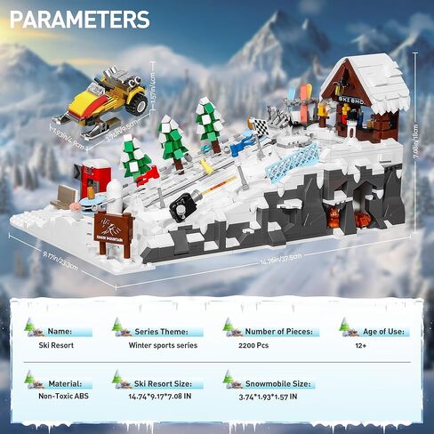 Winter Ski Resort Building Block, City Ski and Climbing Center Building Block with Ski Shop and Snowmobile, Ski Slope Block for Winter Sports Play, Fun Gift Idea for Kids and Ski Fans, 2200Pcs in Saudi Arabia