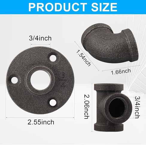 30 Pack 1/2 Inch Cast Iron Pipe Fittings (10 Elbows, 10 Tees, 10 Flange), DIY Steampunk Industrial Vintage Style. in Saudi Arabia