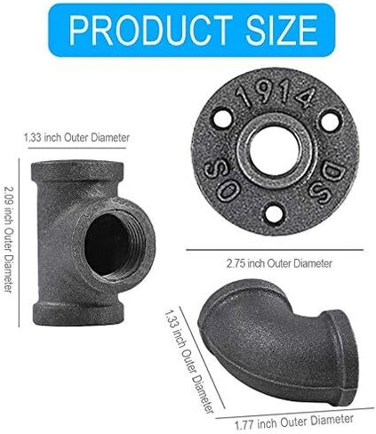 30 Pack 1/2 Inch Cast Iron Pipe Fittings (10 Elbows, 10 Tees, 10 Flange), DIY Steampunk Industrial Vintage Style. in Saudi Arabia