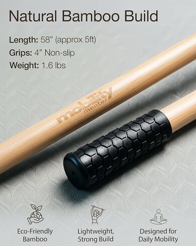 عصا اليوجا مصنوعة من الخيزران الطبيعي - عصا التمدد بطول 5 أقدام - عصا التمدد بمقابض غير قابلة للانزلاق للتنقل والتوازن والمرونة والعلاج الطبيعي - الوصول إلى أكثر من 20 دليل فيديو وملفات PDF عبر الإنترنت in Kuwait