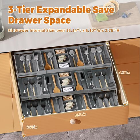 3 Tier Drawer Organizer - Expandable Junk Drawer Organizer Smart Office Supply Organizer, Folding Kitchen Drawer Storage Multi Level Desk Organizer for Makeup, Jewelry, Cosmetics Storage(2 Row 3 Tier) in Saudi Arabia