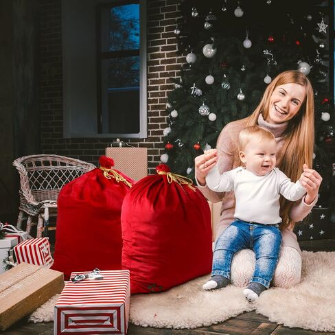 حقيبة هدايا عيد الميلاد سانتا مقاس 36 × 27 بوصة من إكلي، حقيبة كبيرة جدًا من المخمل الأحمر مع رباط لمستلزمات حفلات عيد الميلاد وتغليف مستلزمات حفلات العطلات (3 قطع) in Saudi Arabia