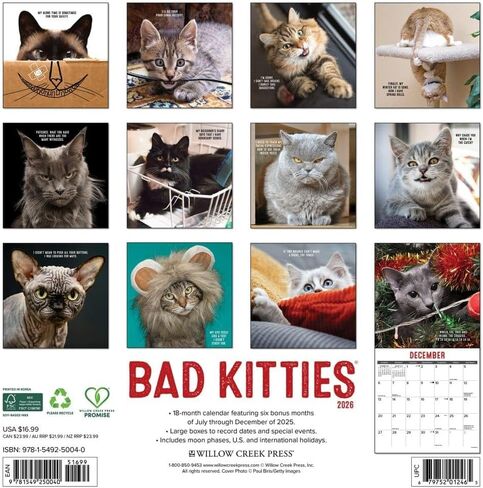 Willow Creek Press، تقويم حائط Just Bad Kitties 2026، 12 بوصة × 12 بوصة، تقويم 18 شهرًا مع غلاف مثبت in Kuwait