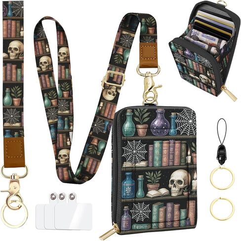 محفظة Lanyards لحامل شارة الهوية، حافظة هوية على رف الكتب على شكل جمجمة مع سحاب، حامل بطاقة ائتمان RFID للنساء، حزام معصم بحبل رقبة قابل للفصل مع حامل هاتف سلسلة مفاتيح لهدايا المعلم والممرضة in Kuwait