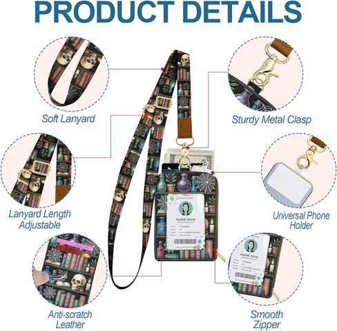 محفظة Lanyards لحامل شارة الهوية، حافظة هوية على رف الكتب على شكل جمجمة مع سحاب، حامل بطاقة ائتمان RFID للنساء، حزام معصم بحبل رقبة قابل للفصل مع حامل هاتف سلسلة مفاتيح لهدايا المعلم والممرضة in Kuwait