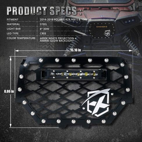 Xprite Black Steel Mesh Grille Grill with 8" Amber LED Backlight Lightbar for Polaris RZR 900 S & 1000 XP 2014 2015 2016 2017 2018 (Rocker Switch Include) in Saudi Arabia