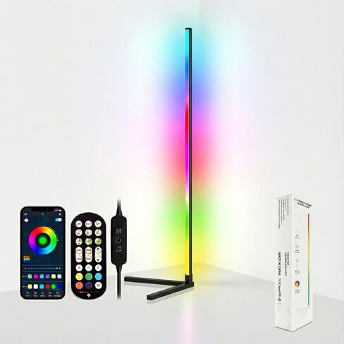 مصباح أرضي زاوية RGB، شريط إضاءة LED بلون الأحلام مع جهاز تحكم عن بعد للتطبيقات، مصباح قائم حديث قابل للتعتيم لمزامنة الموسيقى لغرفة الألعاب وغرفة المعيشة وغرفة النوم (ارتفاع 47 بوصة/57 بوصة) in Kuwait