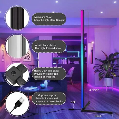 مصباح أرضي زاوية RGB، شريط إضاءة LED بلون الأحلام مع جهاز تحكم عن بعد للتطبيقات، مصباح قائم حديث قابل للتعتيم لمزامنة الموسيقى لغرفة الألعاب وغرفة المعيشة وغرفة النوم (ارتفاع 47 بوصة/57 بوصة) in Kuwait