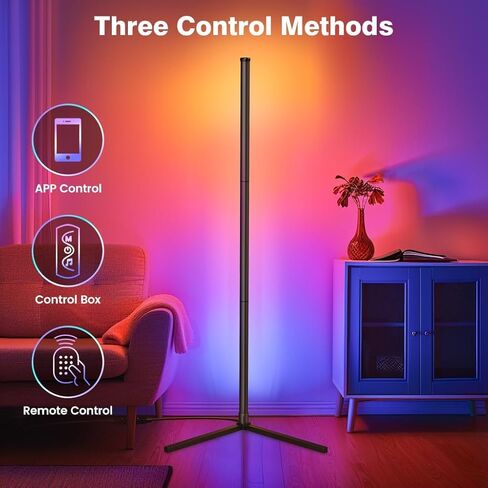مصباح أرضي زاوية RGB، شريط إضاءة LED بلون الأحلام مع جهاز تحكم عن بعد للتطبيقات، مصباح قائم حديث قابل للتعتيم لمزامنة الموسيقى لغرفة الألعاب وغرفة المعيشة وغرفة النوم (ارتفاع 47 بوصة/57 بوصة) in Kuwait