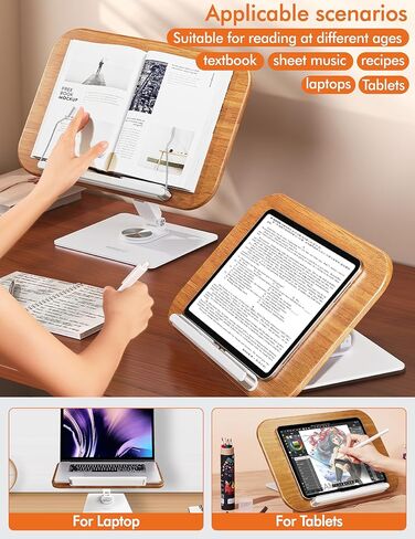 Book Stand for Reading, Book Holder 360° Swivel and Height Adjustable, Foldable,Strong Clips, Stable, Large Size, Walnut Wood, can Hold textbooks, Sheet Music, Recipes, Tablets, laptops.gift in Saudi Arabia