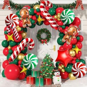 Christmas Balloon Arch Red Green Gold Latex Balloons Garland Kit Gingerbread Man Red Green Lollipop Candy Mini Cane Foil Balloons with Four/Five Pointed Star for Xmas New Year Party Decorations in Kuwait