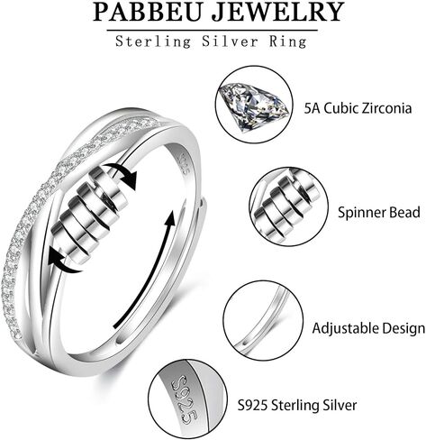 pabbeu خاتم القلق للنساء 925 الفضة الاسترليني تململ الدائري مع مكعب الزركون قابل للتعديل الإجهاد الدوار القلق الدائري للفتيات النساء in Kuwait