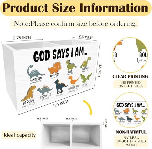 Christian Dinosaur Nursery Pen Holder for Desk, God Says I Am Bible Verse Pencil Organizer, Dinosaur Lover Gifts Wooden Box Sign Desk Decor for Kids Boys Room Playroom Decoration in Saudi Arabia