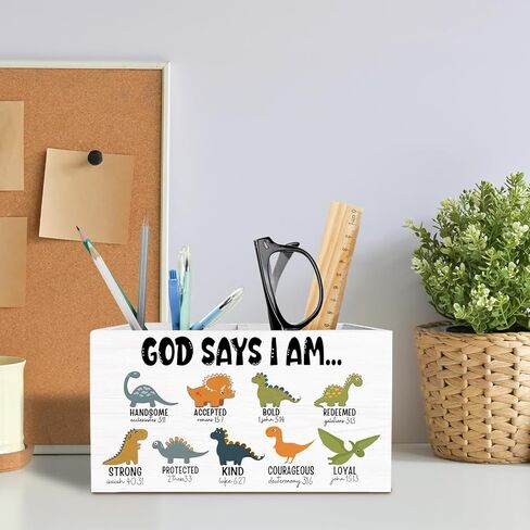 Christian Dinosaur Nursery Pen Holder for Desk, God Says I Am Bible Verse Pencil Organizer, Dinosaur Lover Gifts Wooden Box Sign Desk Decor for Kids Boys Room Playroom Decoration in Saudi Arabia