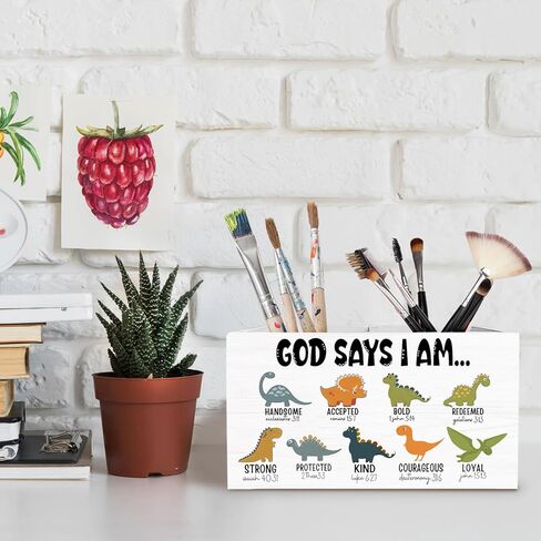 Christian Dinosaur Nursery Pen Holder for Desk, God Says I Am Bible Verse Pencil Organizer, Dinosaur Lover Gifts Wooden Box Sign Desk Decor for Kids Boys Room Playroom Decoration in Saudi Arabia