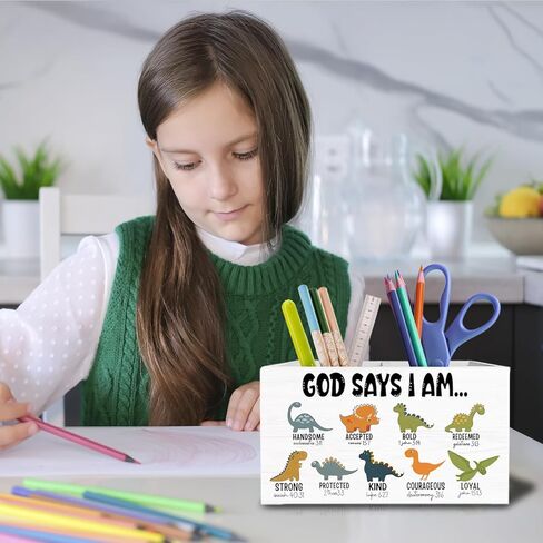Christian Dinosaur Nursery Pen Holder for Desk, God Says I Am Bible Verse Pencil Organizer, Dinosaur Lover Gifts Wooden Box Sign Desk Decor for Kids Boys Room Playroom Decoration in Saudi Arabia
