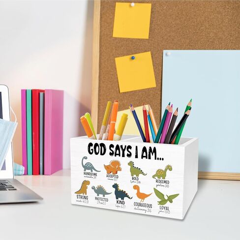 Christian Dinosaur Nursery Pen Holder for Desk, God Says I Am Bible Verse Pencil Organizer, Dinosaur Lover Gifts Wooden Box Sign Desk Decor for Kids Boys Room Playroom Decoration in Saudi Arabia
