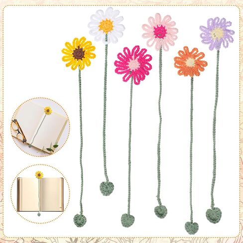Flower Crochet Bookmarks 6 Pack Daisy Sunflower Book Marks for Reading Women, Cute Bookmark Personalized Crochet Books Markers for Book Lovers and Teachers in Saudi Arabia