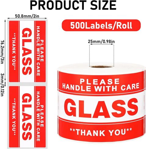 Marspark 3x5 Inch 500 Pcs Handle with Care Thank You Glass Stickers Fragile Glass Labels Warning Shipping Stickers Rectangle Adhesive Label, Red, 1 Roll in Saudi Arabia