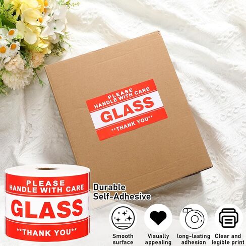 Marspark 3x5 Inch 500 Pcs Handle with Care Thank You Glass Stickers Fragile Glass Labels Warning Shipping Stickers Rectangle Adhesive Label, Red, 1 Roll in Saudi Arabia