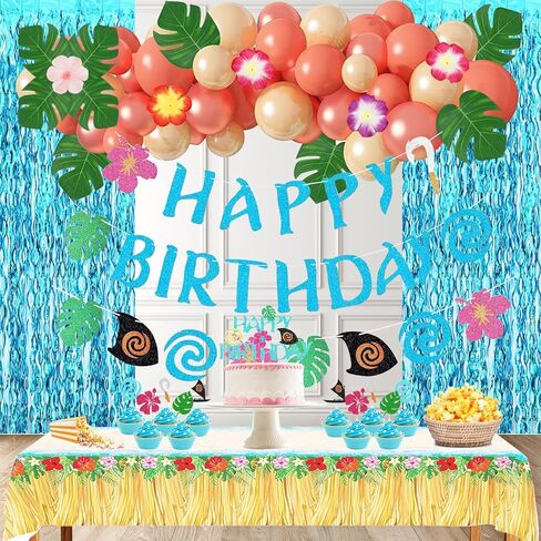 Hawaiian Party Decorations Set - Balloons, Cake Topper, Cupcake Toppers, Banner, Table cloth, Foil Curtains, Tropical Party Decorations in Saudi Arabia
