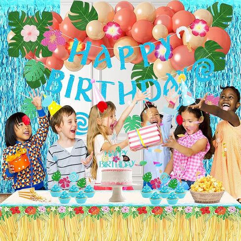 Hawaiian Party Decorations Set - Balloons, Cake Topper, Cupcake Toppers, Banner, Table cloth, Foil Curtains, Tropical Party Decorations in Saudi Arabia