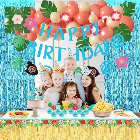 Hawaiian Party Decorations Set - Balloons, Cake Topper, Cupcake Toppers, Banner, Table cloth, Foil Curtains, Tropical Party Decorations in Saudi Arabia