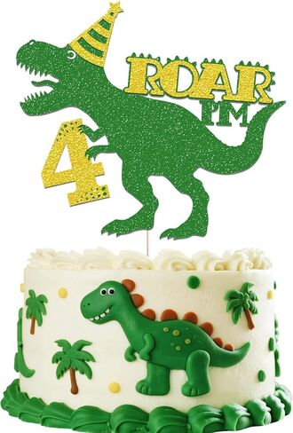 Dinosaur Roar I'm 4 Birthday Cake Decorations - Green Glitter Dino T-Rex Four Year Old for Dinosaurs Theme Kids Boys 4 Years Old Birthday Party Supplies Decoration in Saudi Arabia