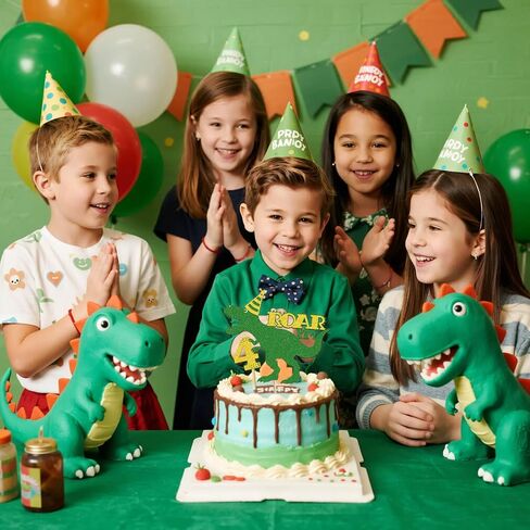 Dinosaur Roar I'm 4 Birthday Cake Decorations - Green Glitter Dino T-Rex Four Year Old for Dinosaurs Theme Kids Boys 4 Years Old Birthday Party Supplies Decoration in Saudi Arabia