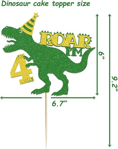 Dinosaur Roar I'm 4 Birthday Cake Decorations - Green Glitter Dino T-Rex Four Year Old for Dinosaurs Theme Kids Boys 4 Years Old Birthday Party Supplies Decoration in Saudi Arabia